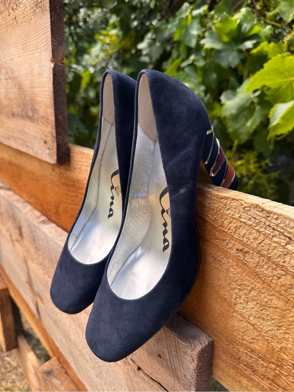 Nina New York Navy Suede Round-Toe Pumps with Striped Block Heel, Size 6.5